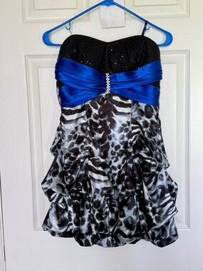 Strapless Black & Royal Blue Animal-Print Party Dress